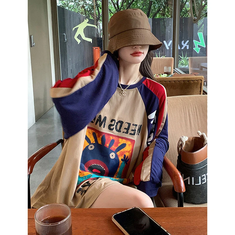 咖色长袖t恤女洋气打底衫春秋款美式宽松复古拼接潮牌中长款上衣