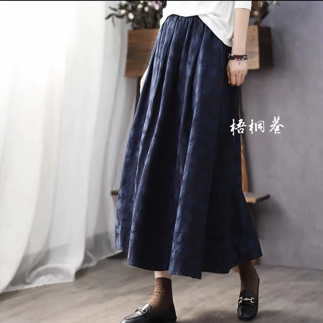 碎花棉麻半身裙女士夏季秋冬2024年新款高腰百褶垂感字大摆中长裙