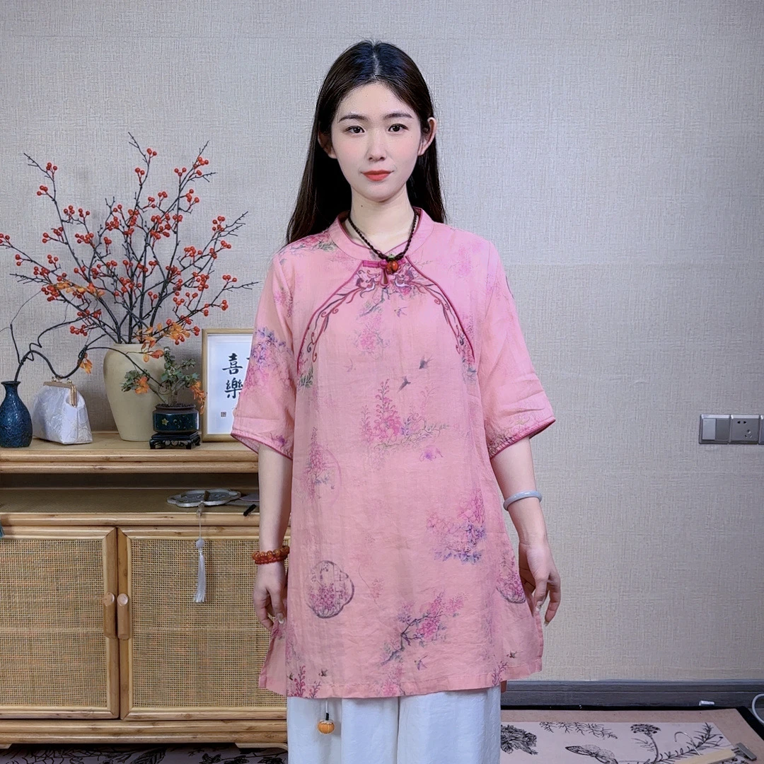 【繁花】新中式国风苎麻水滴领中长款上衣202402