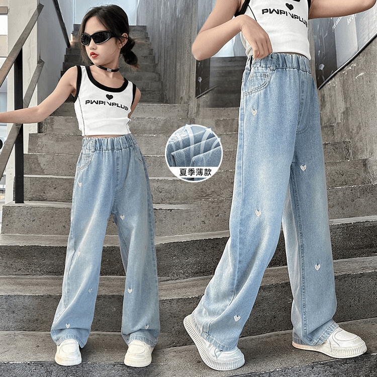 女童牛仔裤夏装2024新款儿童洋气阔腿裤中大童网红宽松薄款直筒裤