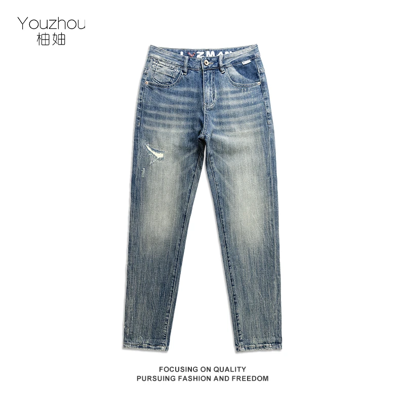 春夏土耳其蓝秋冬小直筒水洗长裤男士潮流修身设计师牛仔裤