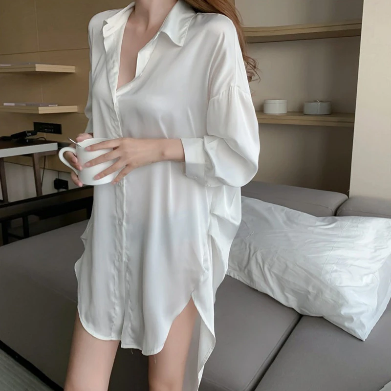 ins简约风爆款长袖睡裙女春夏新款白衬衫裙性感诱惑内衣男友风