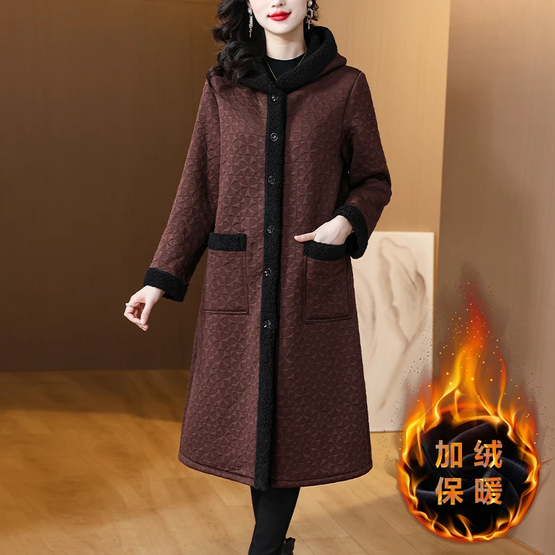 妈妈装秋冬季新款连帽大衣时尚气质加绒加厚外套阔太太中长款风衣