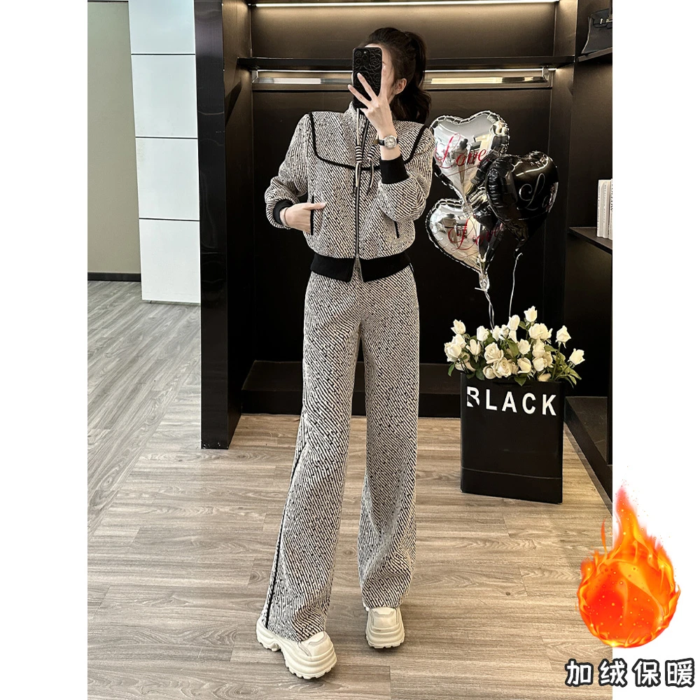 欧货潮牌休闲时尚套装女秋冬季炸街减龄高级感酷飒洋气加绒两件套