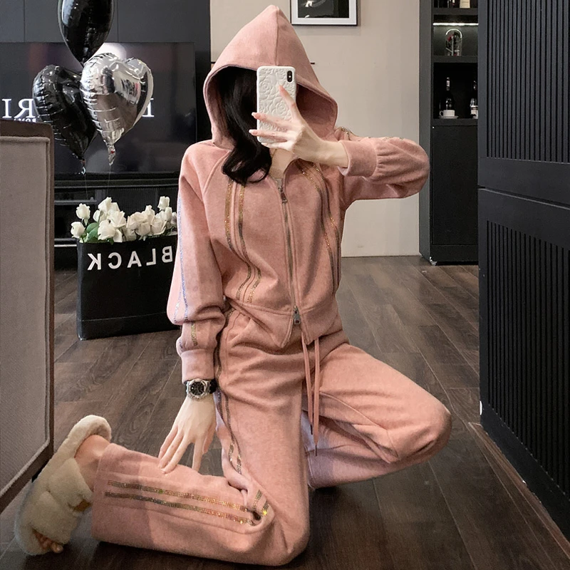 欧货2024年新款盐系连帽卫衣运动服套装女冬季加绒遮肉显瘦两件套