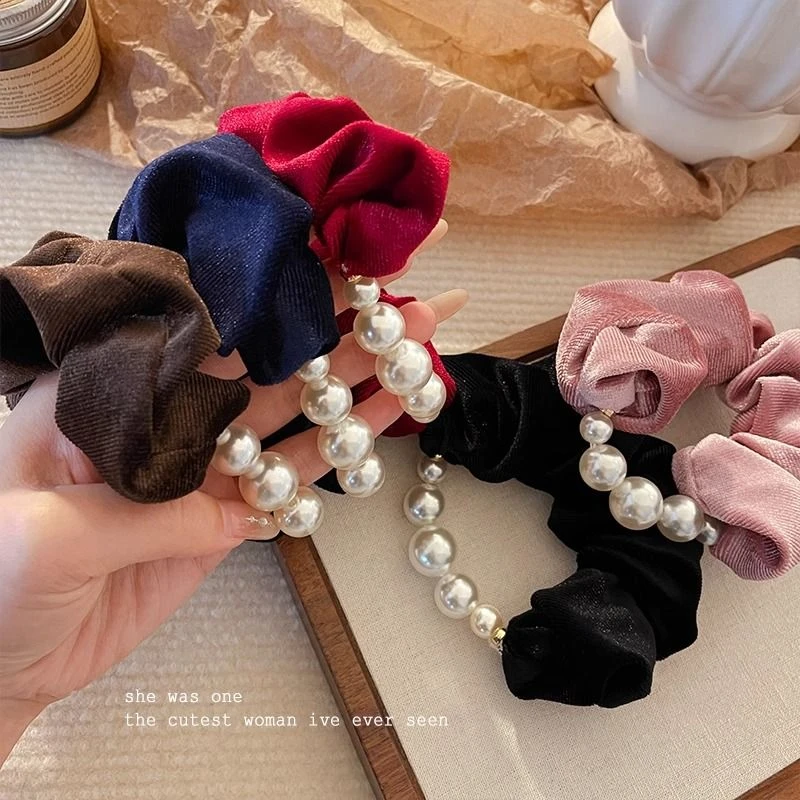 韩系千金公主风丝绒珠珠大肠发圈高级感低丸子头发绳气质头绳发饰