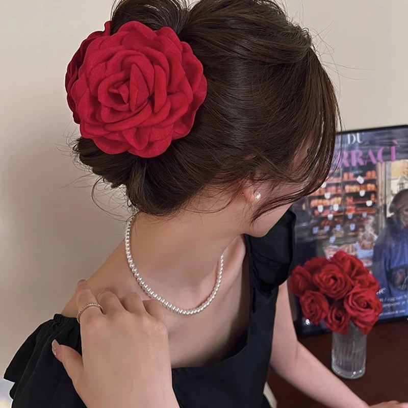 网红韩式高级感超仙复古立体浪漫花朵玫瑰气质抓夹鲨鱼夹气质百搭