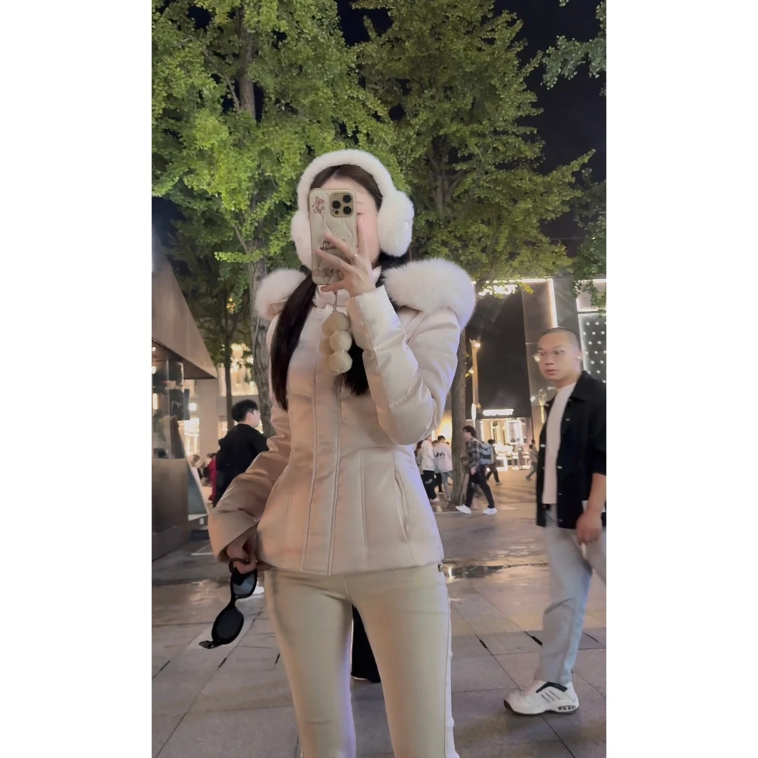 SANSAN-淡粉色羽绒-冬季收腰显瘦90白鸭绒狐狸毛领羽绒外套年终2