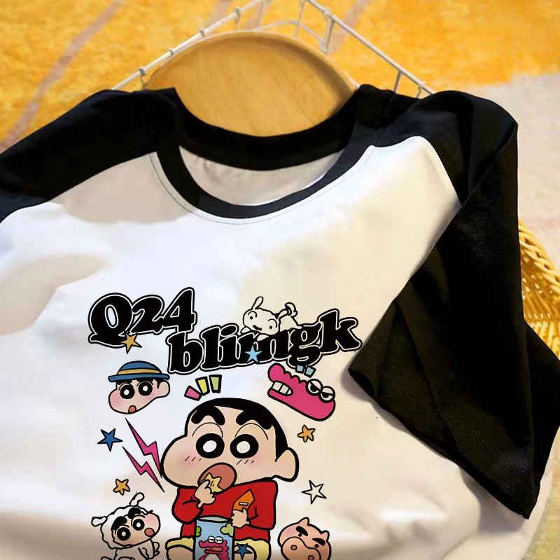 100%纯棉男女童短袖t恤夏季爆款蜡笔小新卡通休闲上衣插肩中大童