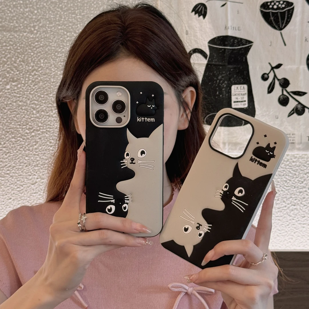 (苹果)黑白拼接猫咪可爱创意女款适用iPhone15立体卡通硅胶手机壳