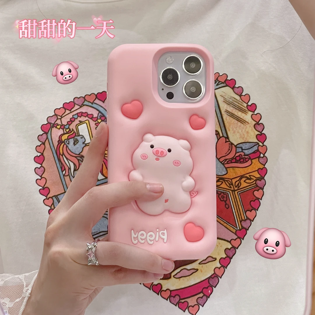 (苹果)膨胀立体小猪卡通可创意适用iPhone全包硅胶15promax手机壳