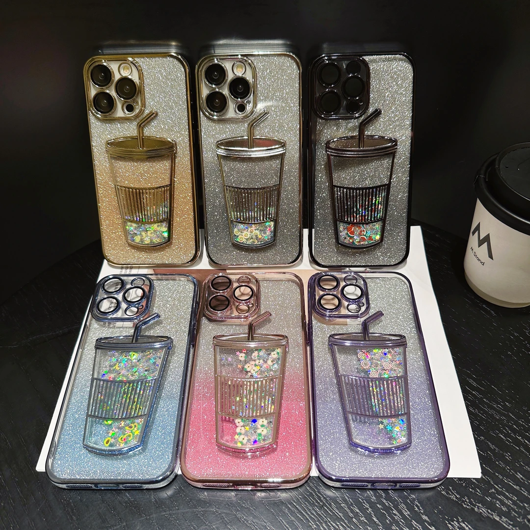 (苹果)闪粉流沙杯ins高级感电镀镜头膜适用iPhone14promax手机壳