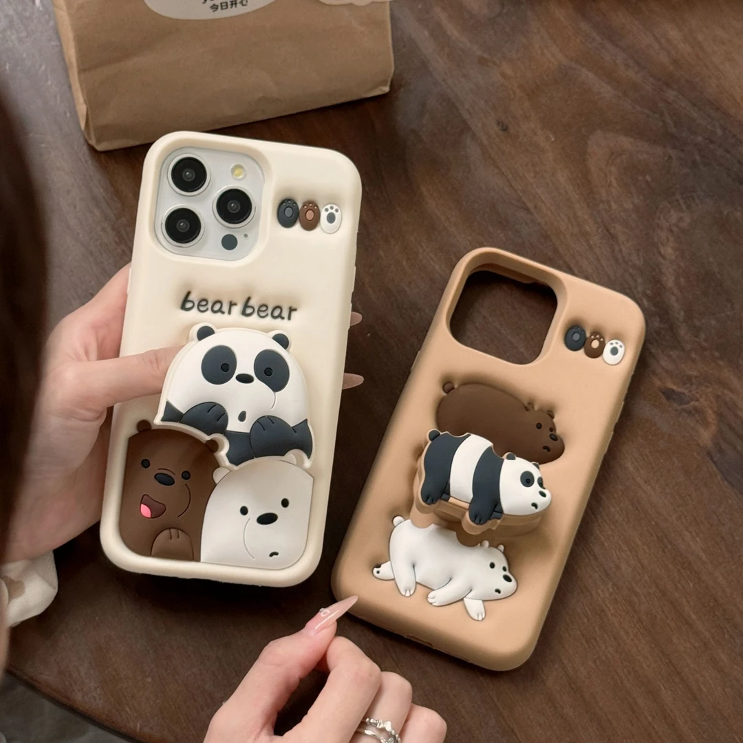 (苹果)三只叠叠裸熊支架卡通可爱适用iPhone15女款立体硅胶手机壳