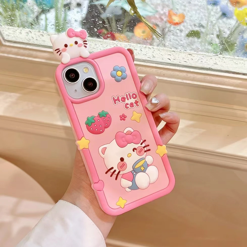 (苹果)趴趴哈喽kitty卡通可爱适用iPhone15少女款立体硅胶手机壳