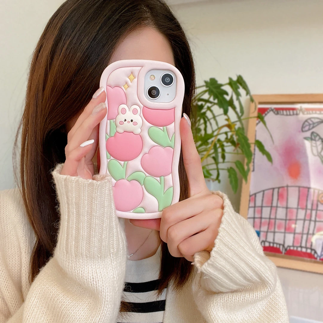 【苹果】可爱波浪边郁金香兔子适用iPhone14promax软硅胶手机壳