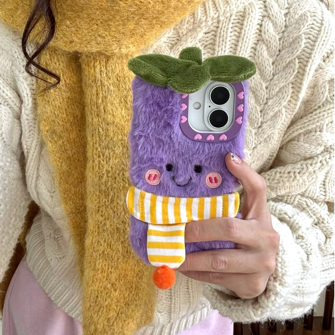 (苹果)紫色围巾茄子卡通毛绒雪人秋冬适用iPhone16女款创意手机壳