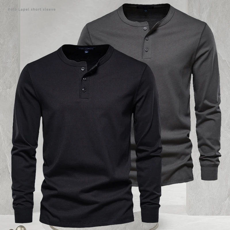 纯棉美式复古重磅商务2023新款纯色亨利衫领长袖男t恤打底衫休闲