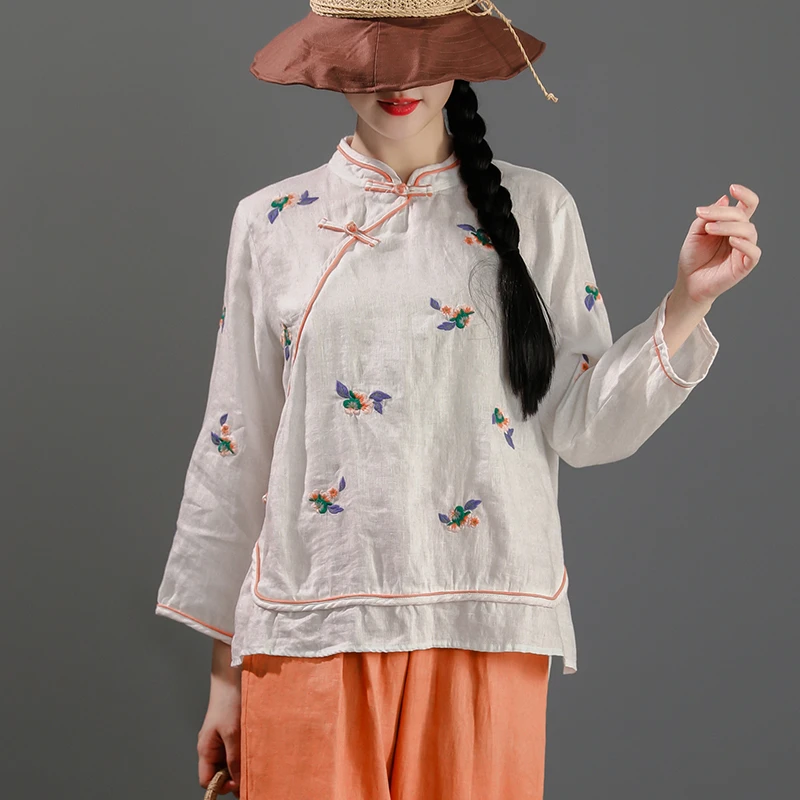 秋季文艺复古刺绣竺麻衬衫女小众气质显瘦减龄休闲宽松长袖衬衣