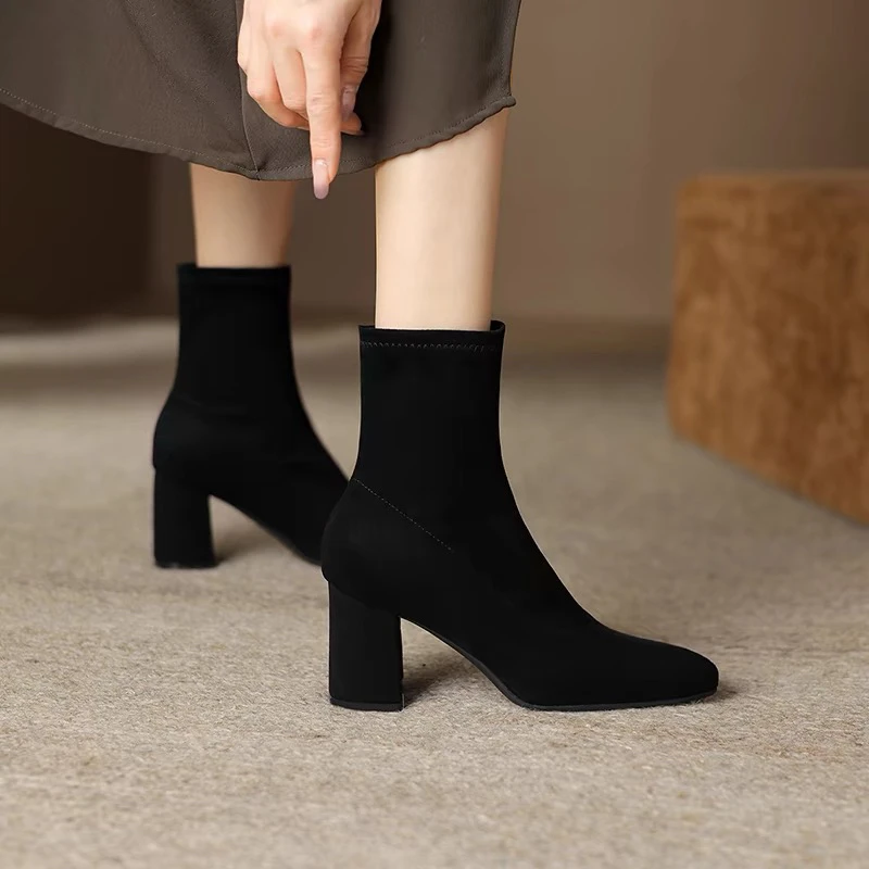 手工显瘦百搭女鞋2025新款弹力靴秋冬粗跟5CM高跟瘦瘦靴气质短靴