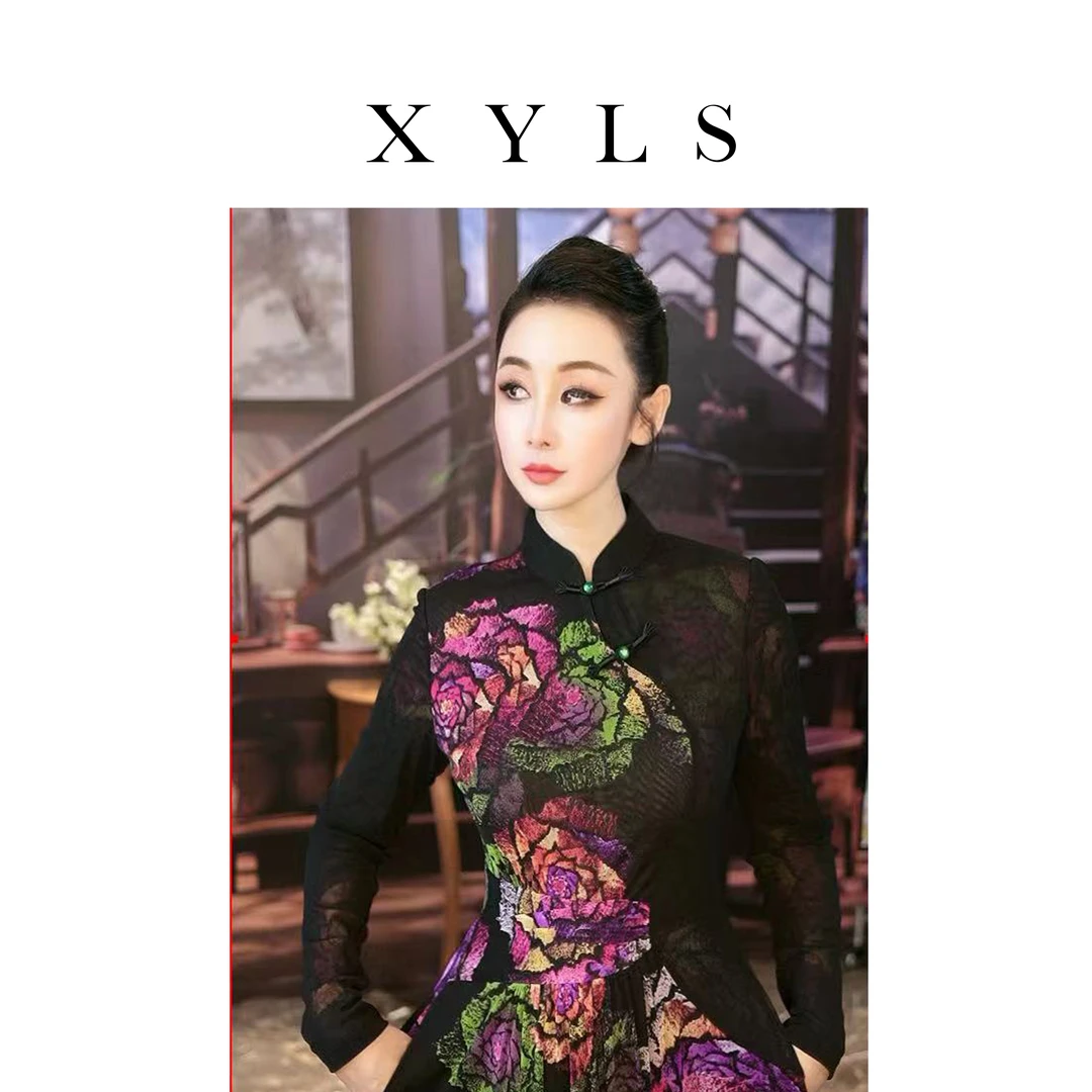 女装弹力网纱连衣裙秋冬复古T006196