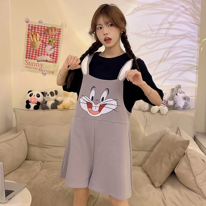 套头女睡衣夏季短袖薄款2024年新款棉质卡通兔子大学生连体家居服