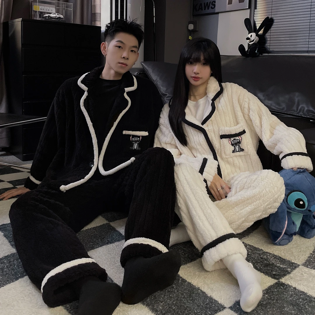 秋冬季情侣睡衣男女潮款法兰绒加厚保暖韩版休闲小怪兽冬天家居服