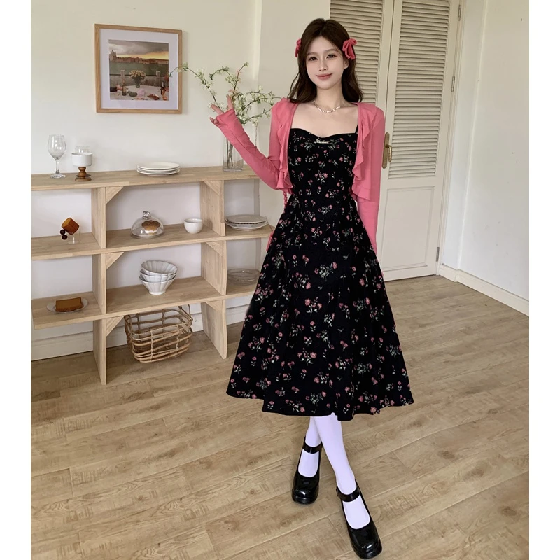 大码女装法式复古碎花吊带裙设计感花边防晒开衫两件套辣妹连衣裙