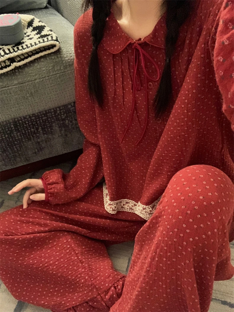 秋冬纯棉睡衣印花宽松可爱女士长袖秋冬季家居服套装两件套翻领棉