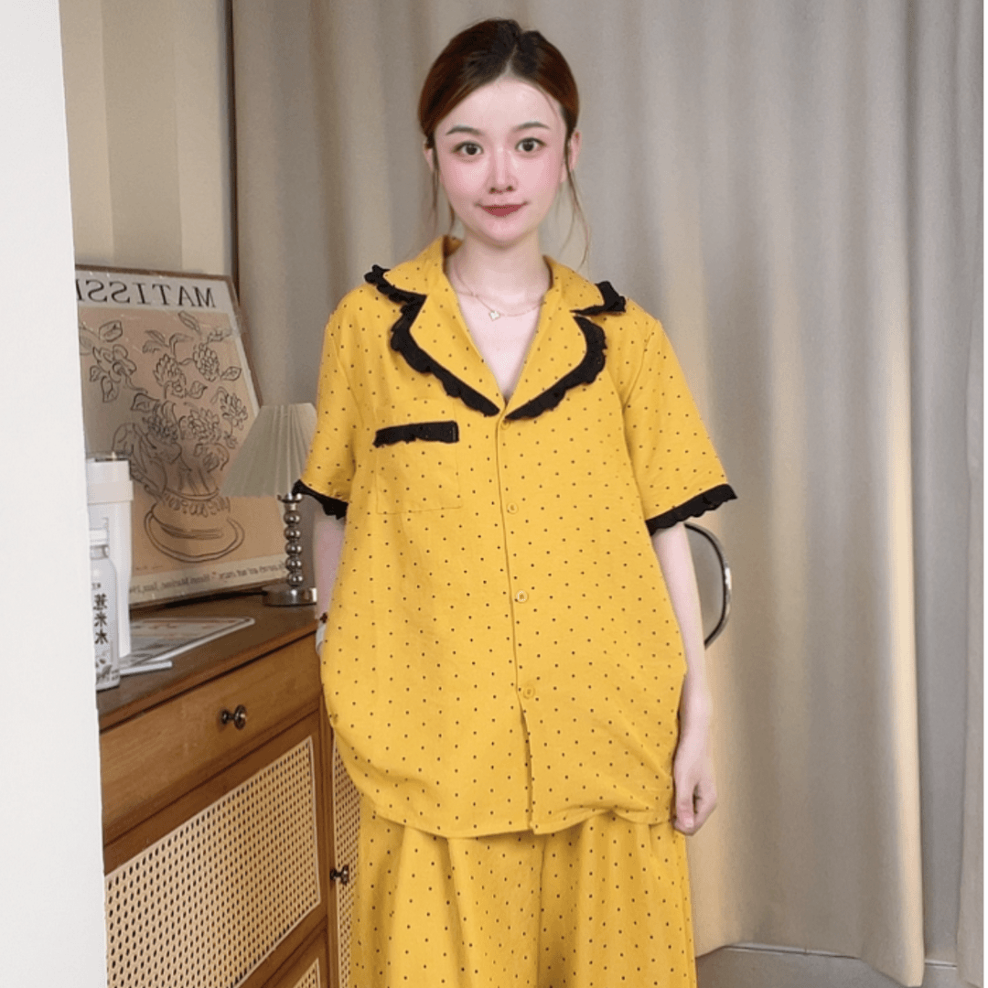 夏季短裤纯棉套装家居服波点睡衣宽松女士花边款套装