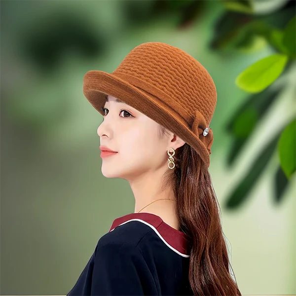 伴糖晓詹秋冬新款蝴蝶结卷檐帽子女士时尚优雅气质渔夫帽百搭盆帽