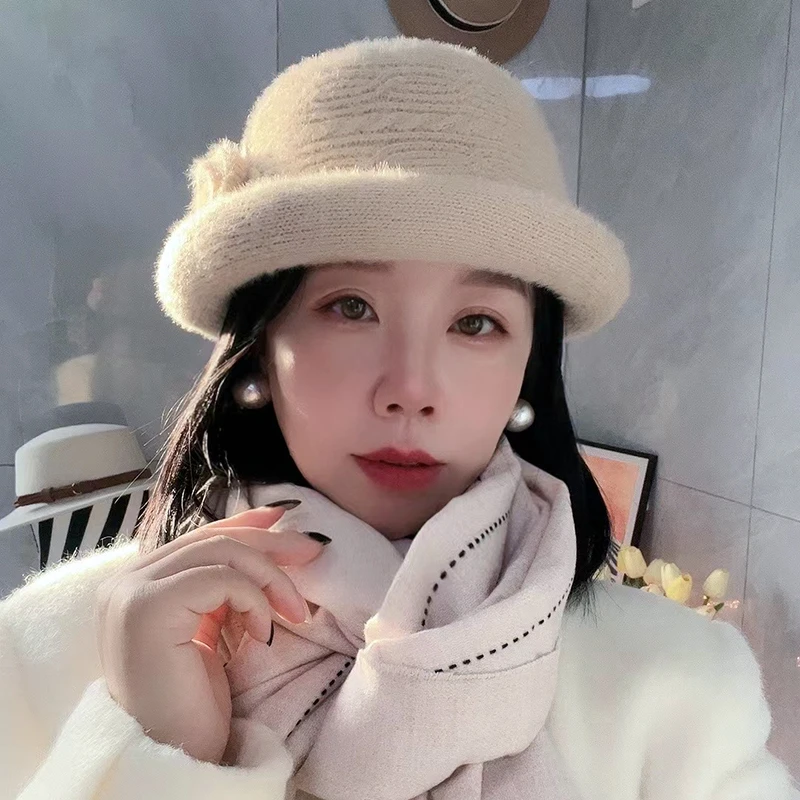 伴糖晓詹兔毛保暖毛线帽加厚卷边盆帽妈妈防寒帽渔夫帽帽子女秋冬