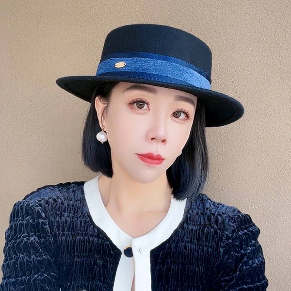 伴糖晓詹法式时尚复古平顶礼帽子女秋冬新款羊毛毡帽平顶帽休闲帽