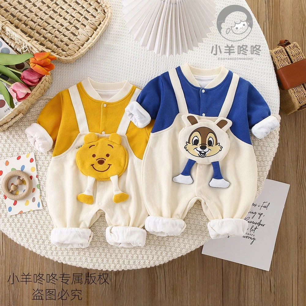 春秋季新款婴幼儿男女宝宝假背带立体卡通包双层超萌哈服连体衣