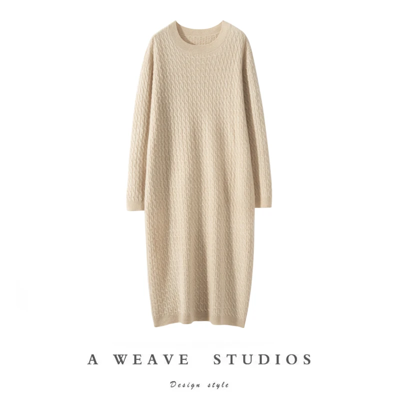 山羊绒衫加厚高级感-秋冬中长款宽松绞花连衣裙过膝毛衣打底裙