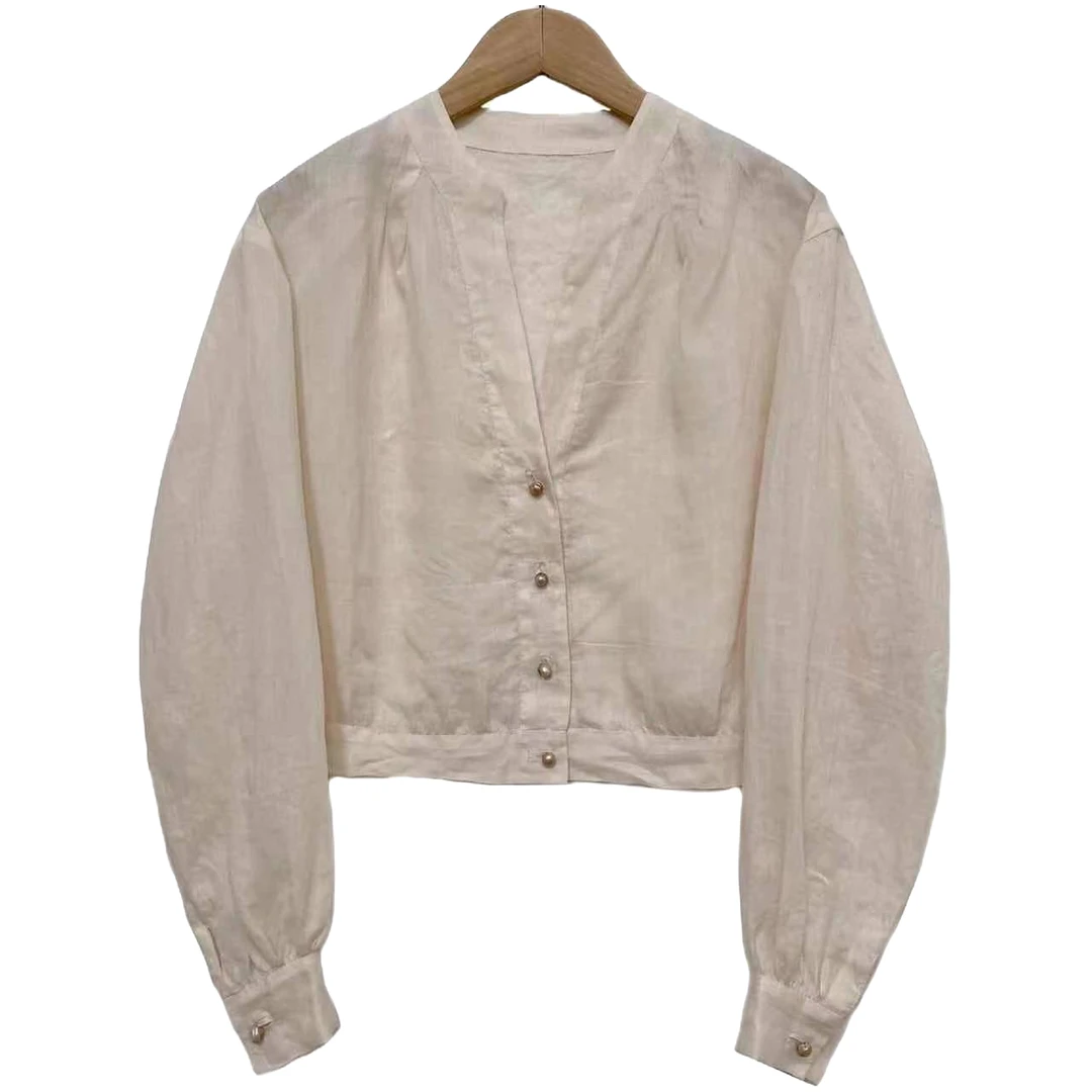 左岸迷香 衬衣 22SS1039 原创设计 立领长袖苎麻衬衫 纯色轻薄款