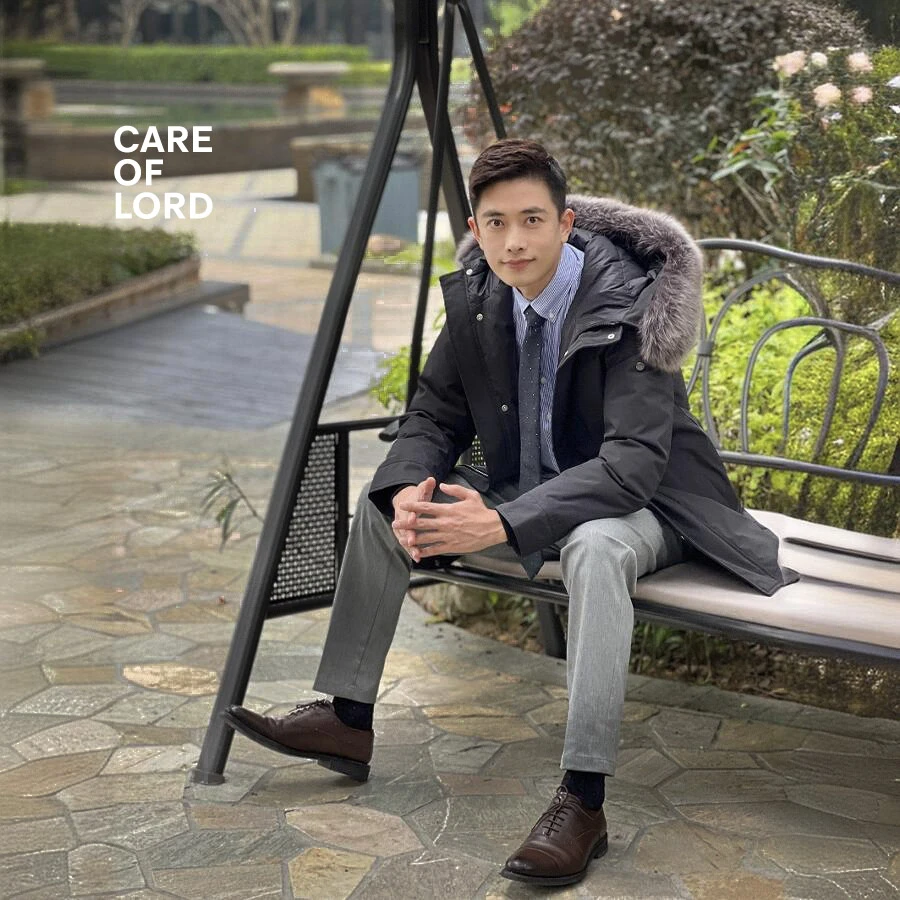 CARE OF LORD冬季男士白鹅绒连帽中长款派克服毛领羽绒服9290