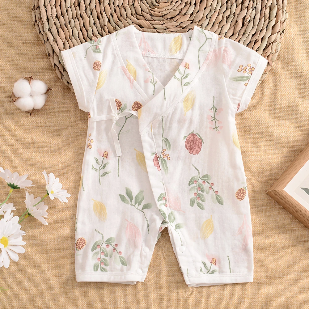夏季新生儿衣服纯棉纱布短袖哈衣宝宝半袖和服婴儿睡衣连体哈衣
