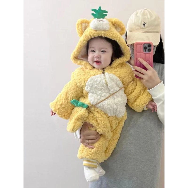 婴儿冬季衣服超萌加厚连体衣宝宝冬装夹棉保暖外出服洋气毛绒哈衣