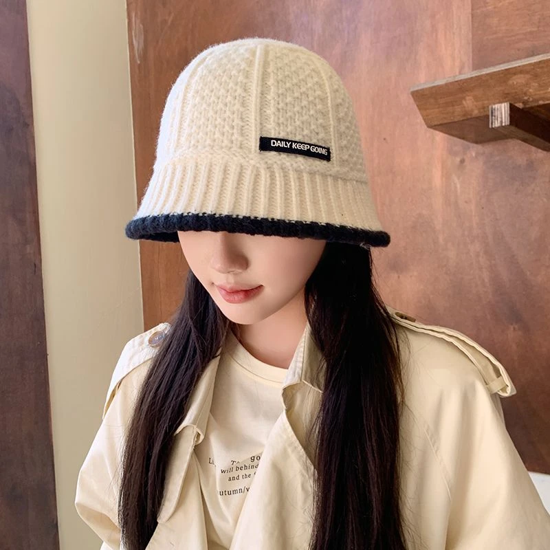 秋冬季女针织简约时尚百搭显脸小渔夫帽韩版潮牌贴布字母针织帽潮