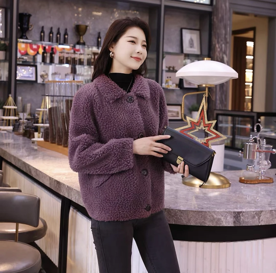 新款加绒女款外套羊毛颗粒绒皮毛一体外套短款上衣春秋冬季中老年
