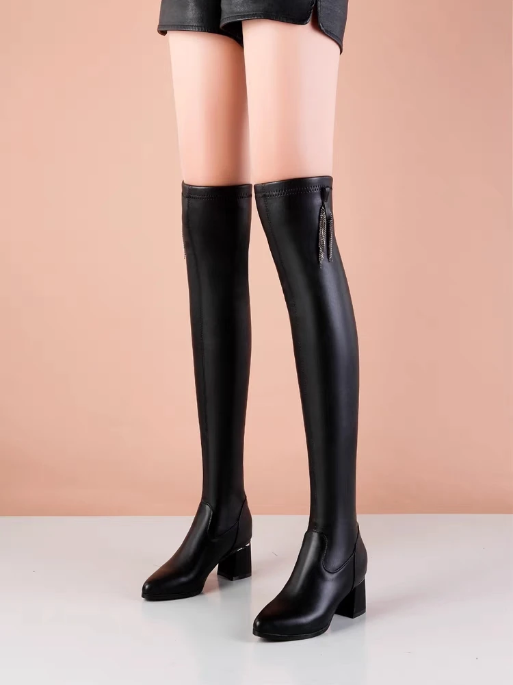 过膝长筒靴女2023秋冬时尚显瘦粗跟弹力瘦瘦靴高跟软皮高筒皮靴