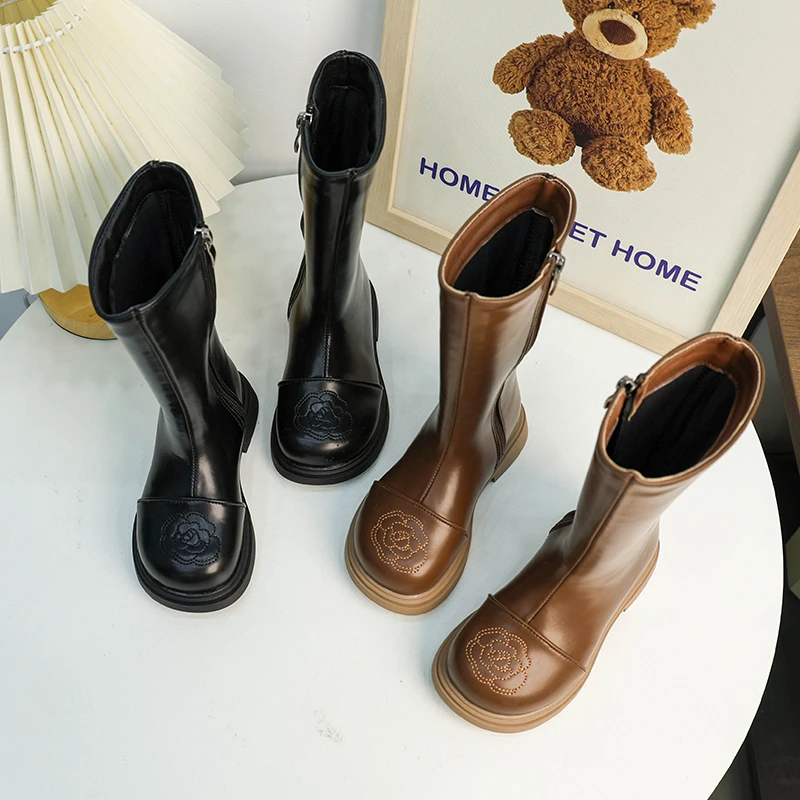 儿童长筒靴印花小靴子女童靴子时尚儿童百搭皮质男童靴KL-900001