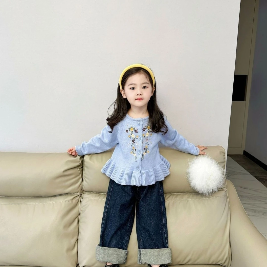 女童毛衣开衫宝宝外套2024春秋儿童洋气新款刺绣针织上衣清新童装