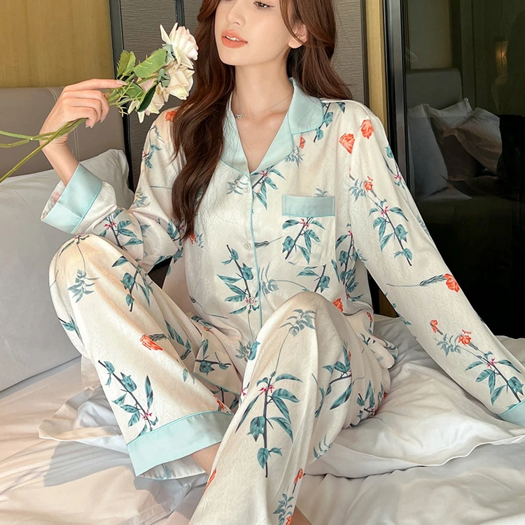 睡衣女士长袖春秋款宽松提花套装大码家居服