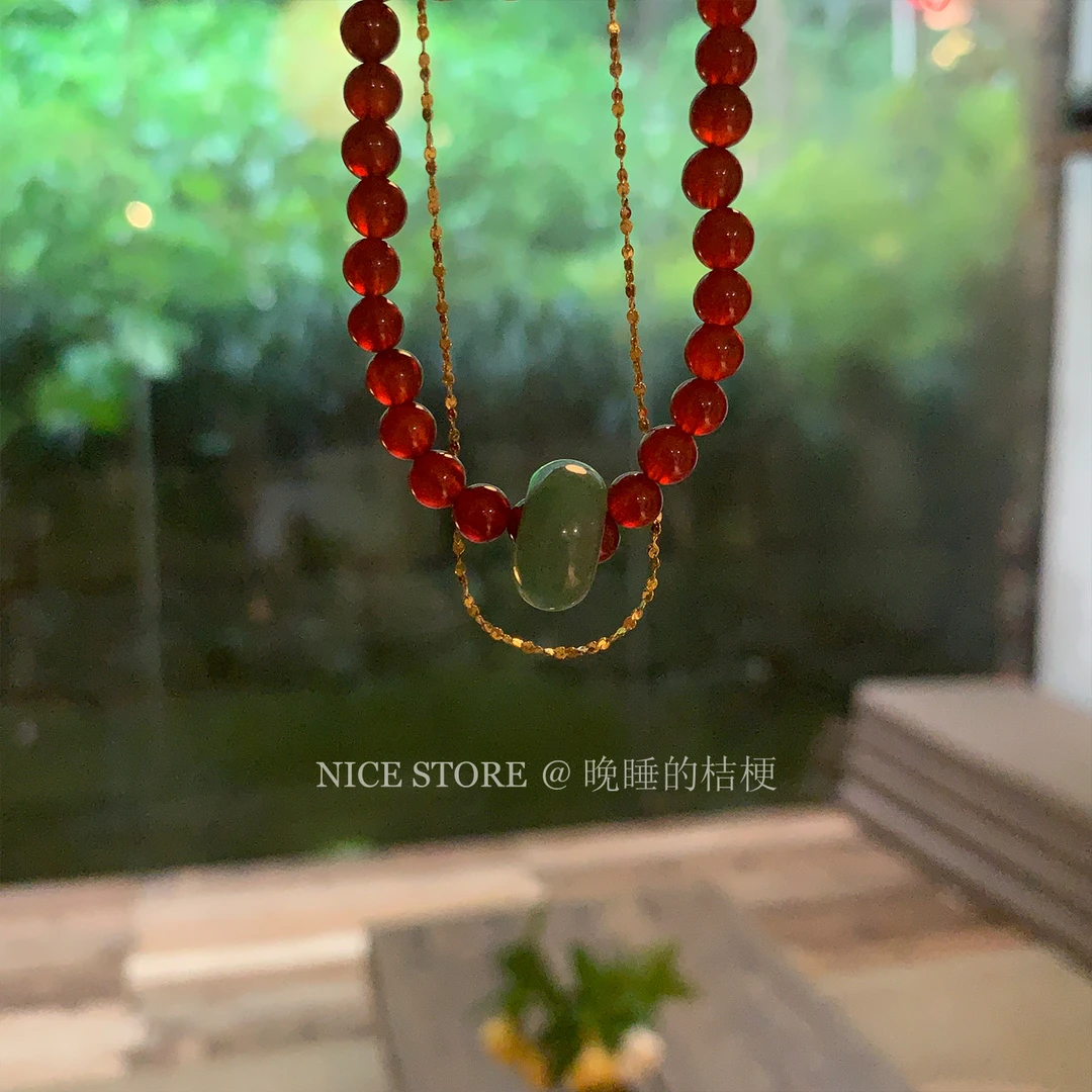 合金手链 晚睡的桔梗「绯霞韵」新中式玉石圆珠手串红色中古撞色