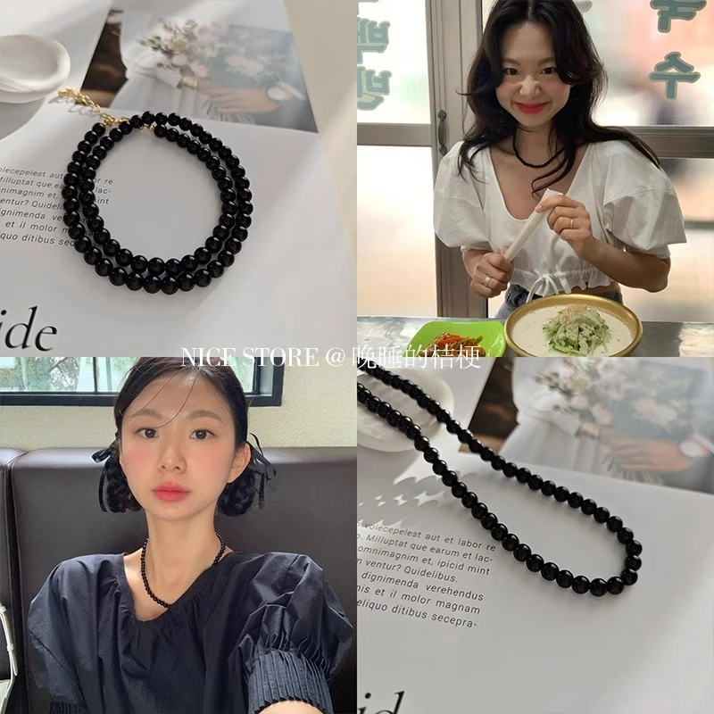 合金项链 晚睡的桔梗｜fever同款黑色串珠项链 高级感手工锁骨链