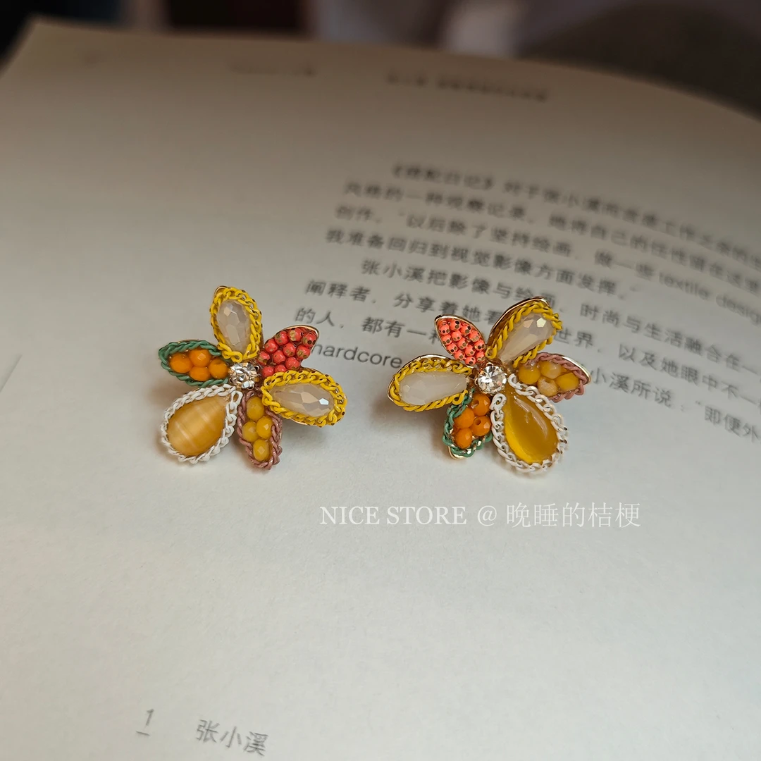 合金耳饰 晚睡的桔梗「盛夏果实」新中式手作法式黄色花朵夏日饰品