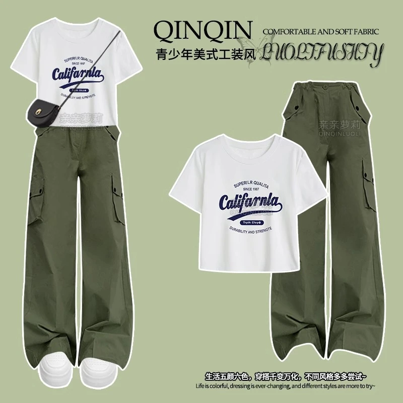 女童夏季工装裤套装2025新款洋气潮酷风短袖大童T恤青少年阔腿裤