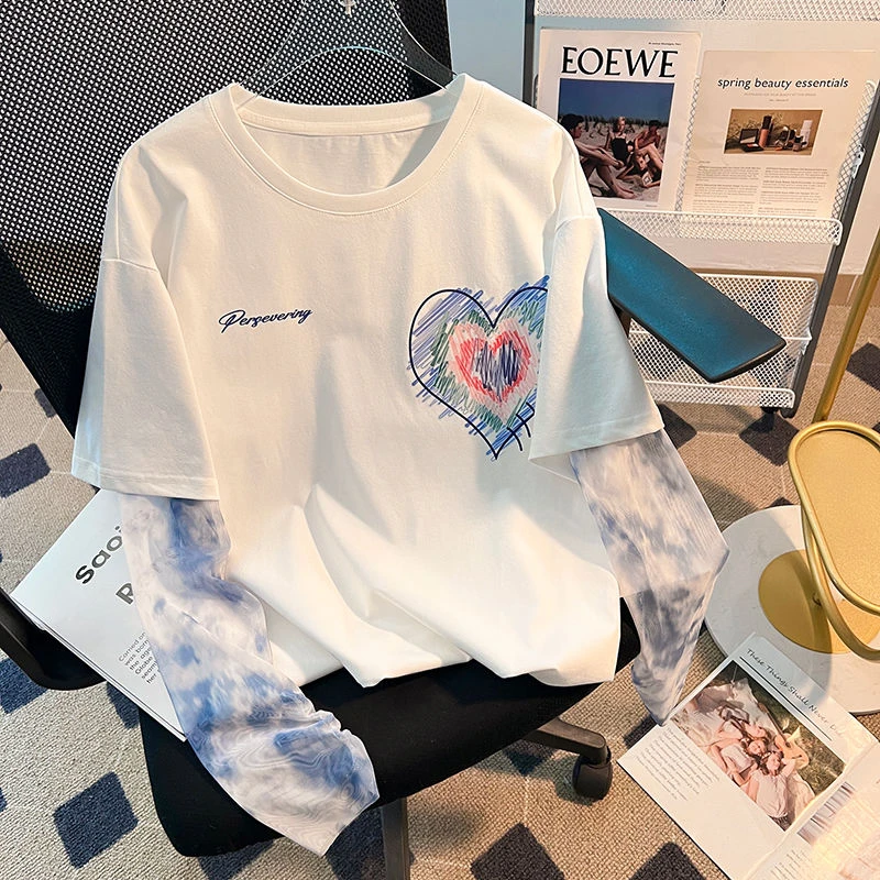 女童夏季T恤2025新款儿童圆领休闲防晒短袖大童假两件冰丝袖上衣