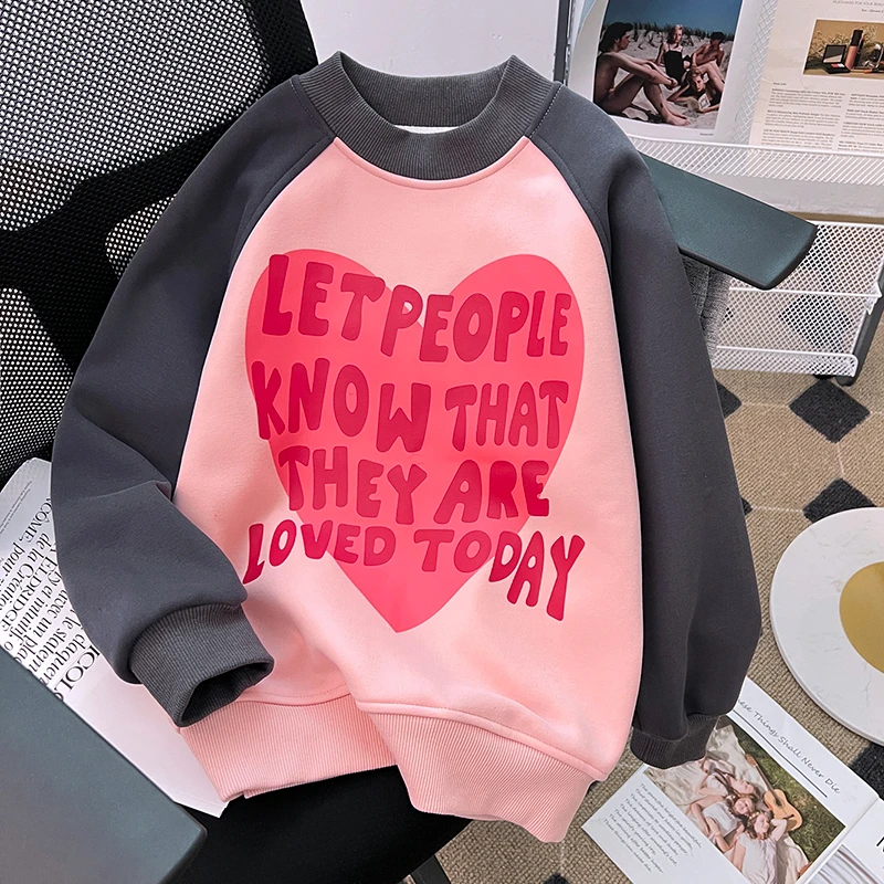 女童卫衣春秋2025新款中大童装圆领打底衫初中生长袖春秋加绒上衣